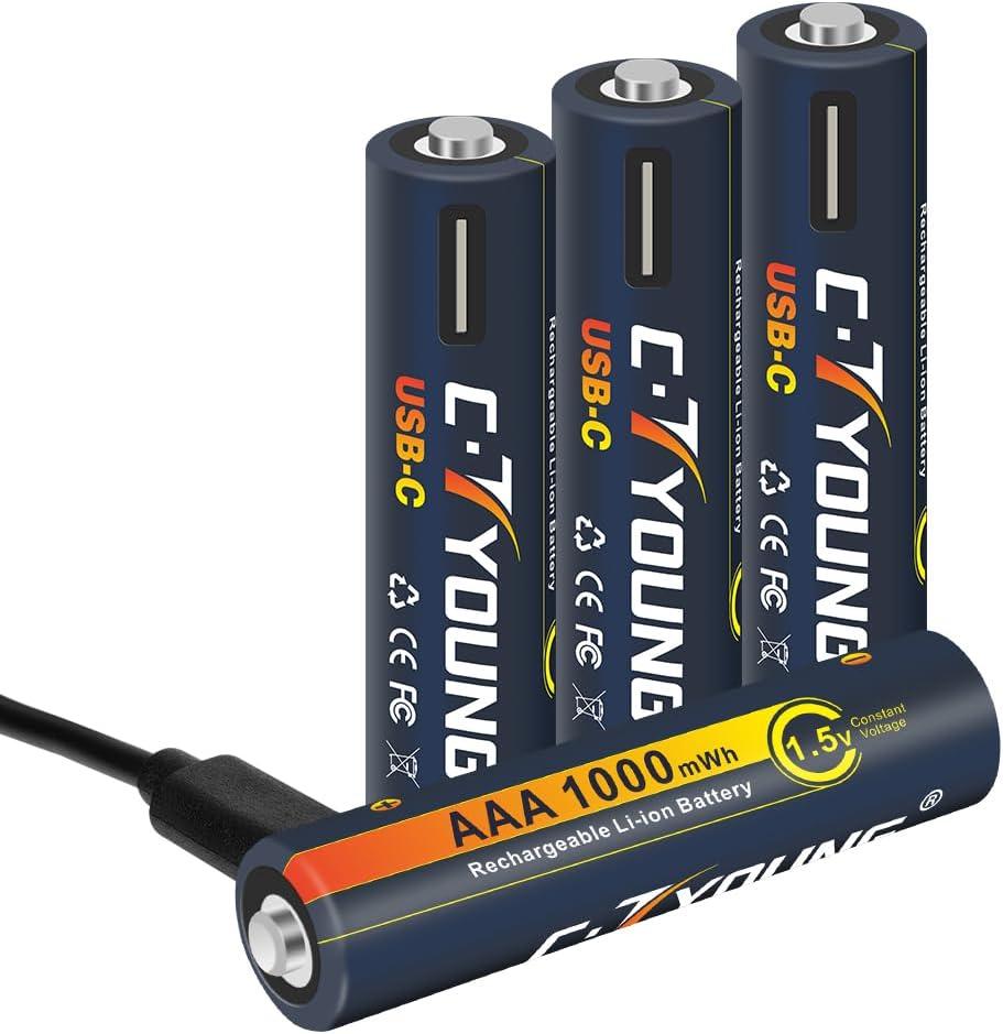 Fast Charging USB AAA Rechargeable Batteries, 1100mWh High Capacity, 4-Pack with Charge Cable, for Smart Home Devices, Cameras, Toys (60Min Charge)