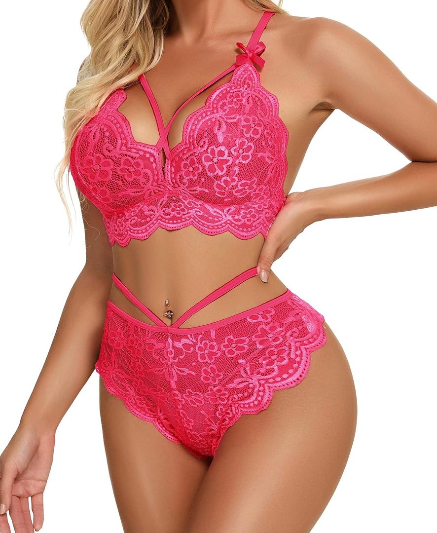 Lingerie for Women Lace Bralette and Panty Sexy Strappy 2 Piece Bodydoll Pink XX-Large