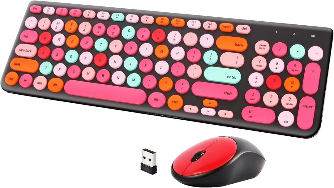 Wireless Keyboard and Mouse Combo, Retro Typewriter Keyboard with Round Keycaps, 2.4GHz USB Cute Wireless Keyboard Mouse for Computer, Desktop, Laptop and Computer (Black-Colorful)