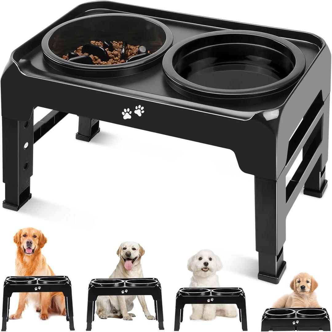 Elevated 2-in-1 Dog Feeder With Slow Feeder and Water Bowl, 4 Heights Adjustable Raised Stand, Non-Slip Food Bowl for Medium Large Dogs, Black