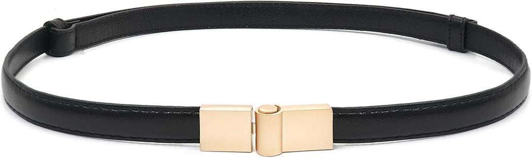 Womens Skinny Belts PU Leather Waist Belt Ladies Thin Waist Belt with Gold Buckle for Dresses (Fit Waist 24"-37", Black)