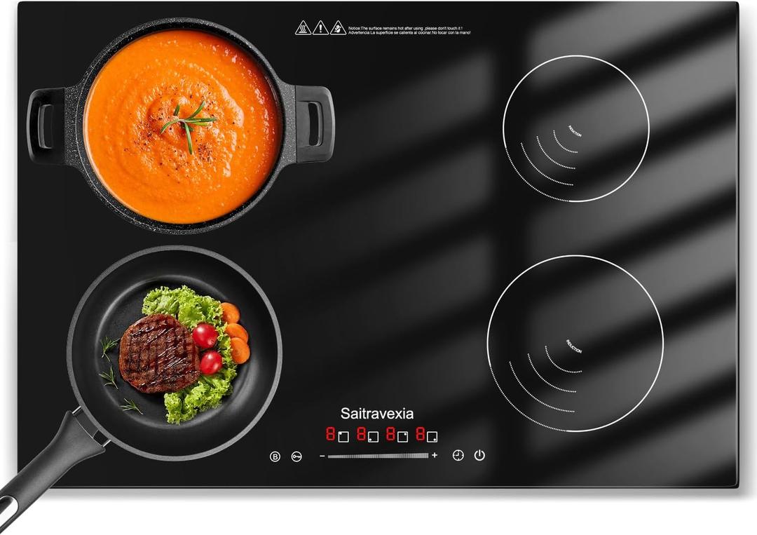 Saitravexia 30 Inch Built-in Induction Cooktop, 4 Burners, 6600W Total Power, 9 Heating Levels, Slider Touch Control, Pan Detection, Child Lock, Timer, Hard-Wire
