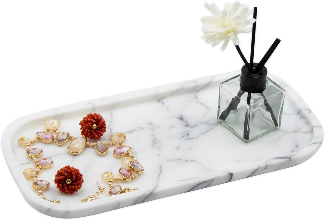 Marmor Real Natural Marble Bathroom Tray for Perfume, Candles, Jewelry Stone Vanity, Bathroom & Kitchen Counter Organizer and Home Decor Statuario White11.41 * 5.51 * 0.7