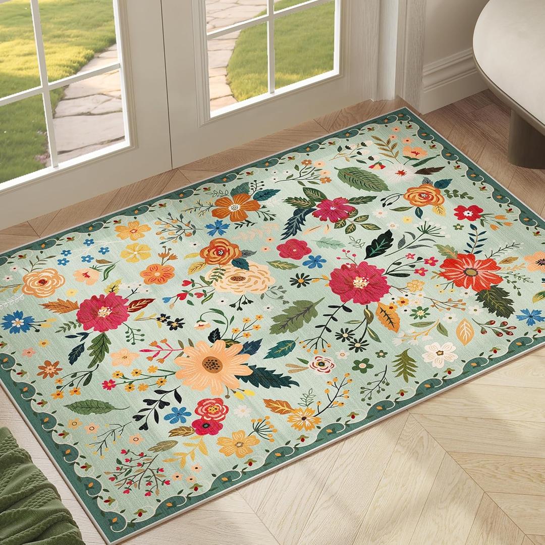 2x3 Washable Rug for Entryway, Floral Green Soft Small Area Rug, Non Slip Doormat Indoor Entrance Carpet, Flower Low Pile Front Door Throw Rug for Bedroom, Kitchen, Laundry, Bathroom, Sage Green