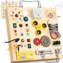 Wooden Busy Board with LED Light Montessori Baby Learning Toys for Toddlers , Sensory Activity Board, Travel Educational Toys, Boy & Girl Birthday Gift (Silver Handle)