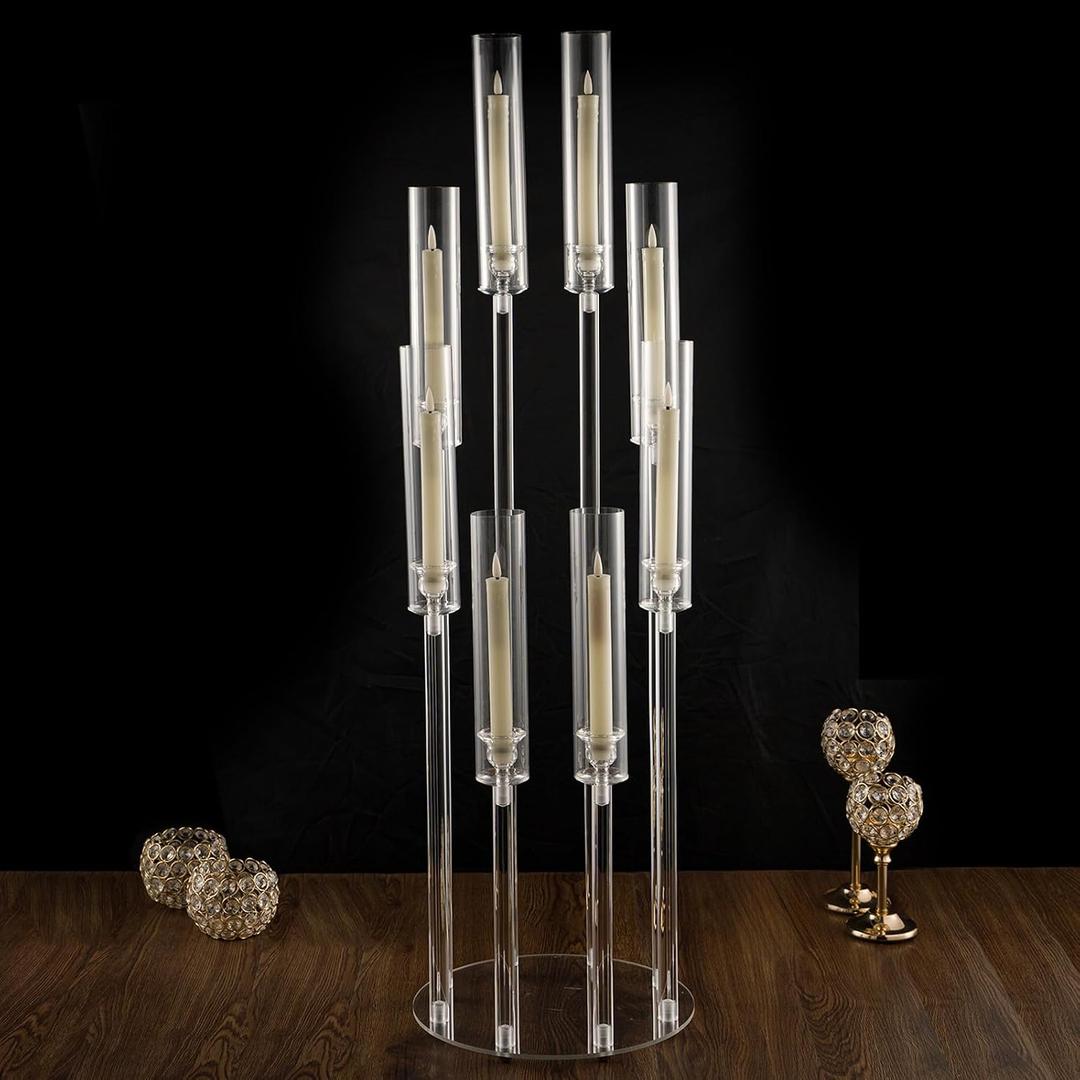 VINCIGANT 8 Arms Clear Candlesticks Holder for Wedding Decorations,Tall Arcylic Candelabra Candle Holder with Shade for Valentines Day Events Party Table Centerpiece,Fit LED Candles