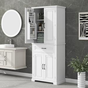 Flieks Bathroom Storage Cabinet with Doors and Drawer, Multiple Storage Space, Adjustable Shelf, White