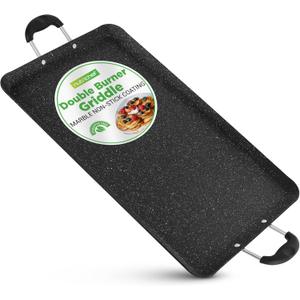 Nutrichef Double Burner Griddle, Non-Stick Stove Top Griddle for Gas Stove, Dishwasher Safe, Heatproof Bakelite Handles, Even Heat Distribution, PFOA & PFOS Free, 20 x 12 x 0.8 Inch (Black)