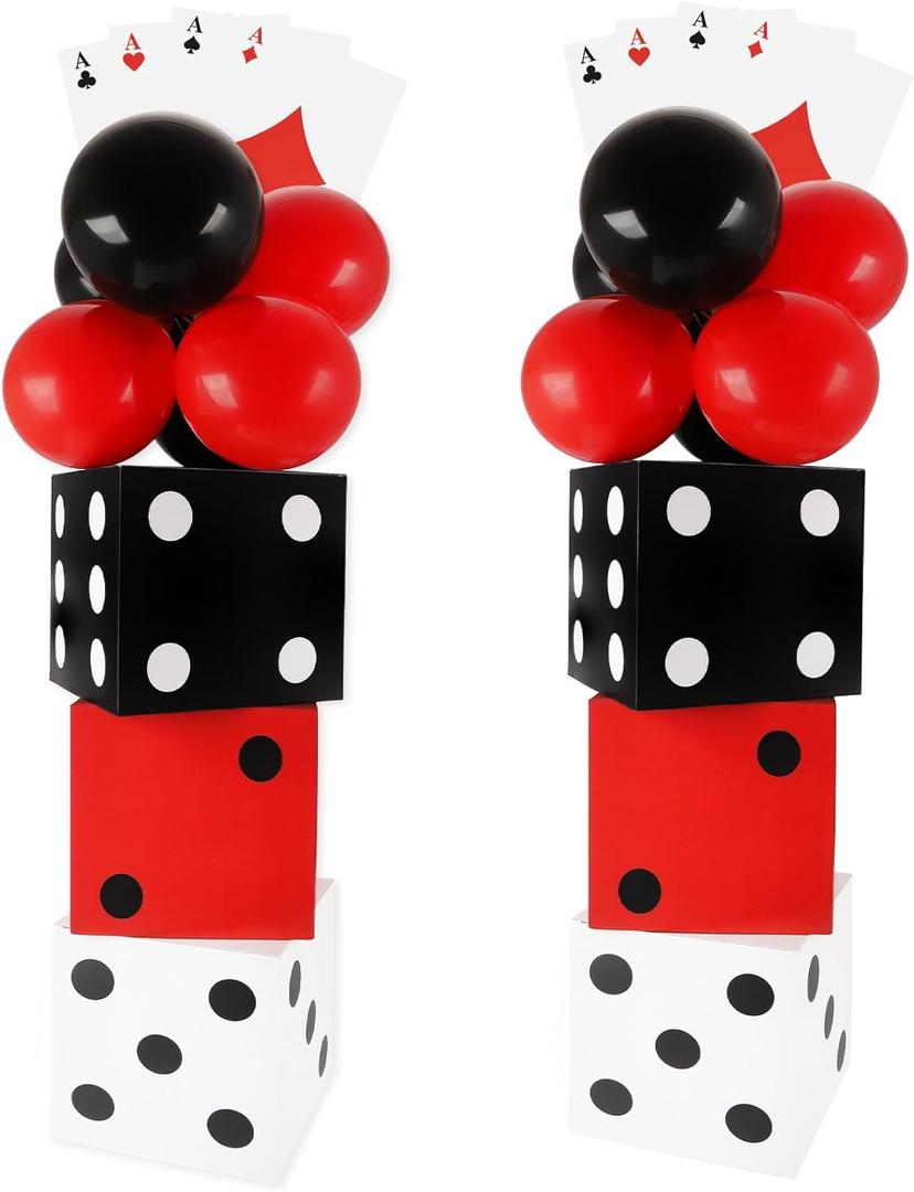 54 Pcs Casino Theme Decorations Casino Night Decorations Poker Party Decorations Including 6 Pcs 11inch Large Casino Dice Boxes 12 Pcs Poker Playing Cards Balloons for Game Night Decorations
