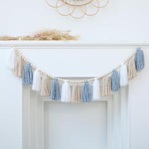Boho Tassel Garland Wall Hanging with Wood Beads Blue Tassel Garland for Baby Shower Kids Room Bedroom Nursey Back to School Decorations