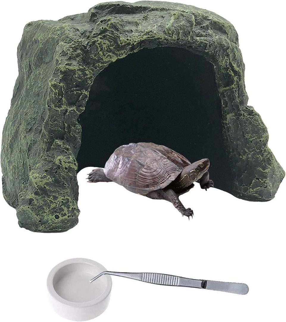 PINVNBY Large Reptile Hideout Cave, Resin Rock Hides Habitat Decor Lizard Box Shelter Tortoise Basking Terrace Pet Terrarium Nest Decoration for Gecko, Spiders, Frogs, Fish, Turtles and Hermit Crabs