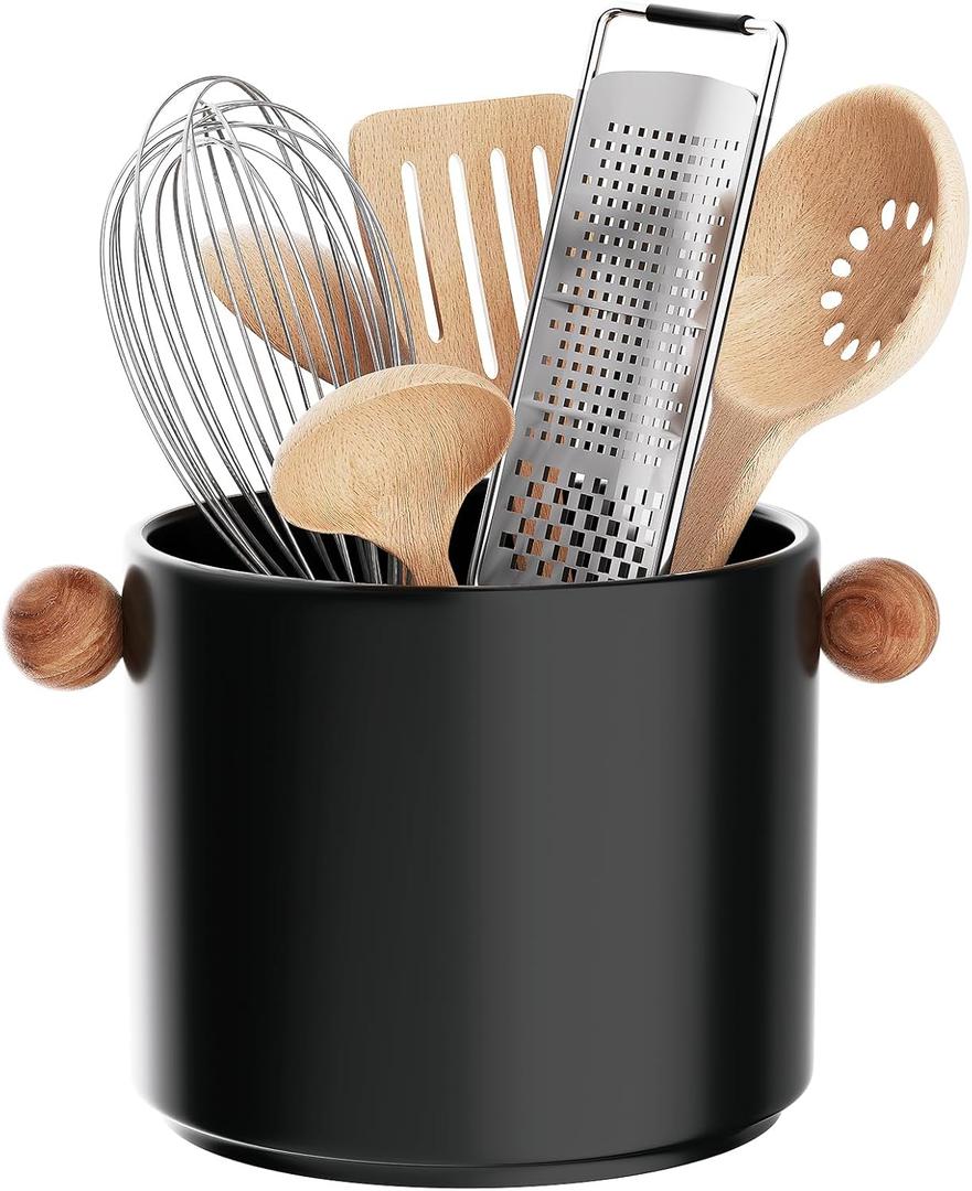 Utensil Holder,5.4"Ceramic Kitchen Utensil Holder for Countertop,Large Cooking Utensil Crocks,Modern Spatula Holder with Detachable Knob for Counter,BlackB