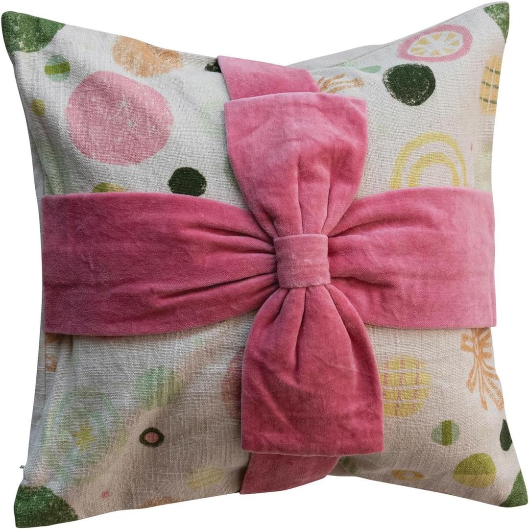 Creative Co-Op, Multicolor Square Cotton Printed Pillow with Pattern and Velvet Applique Bow
