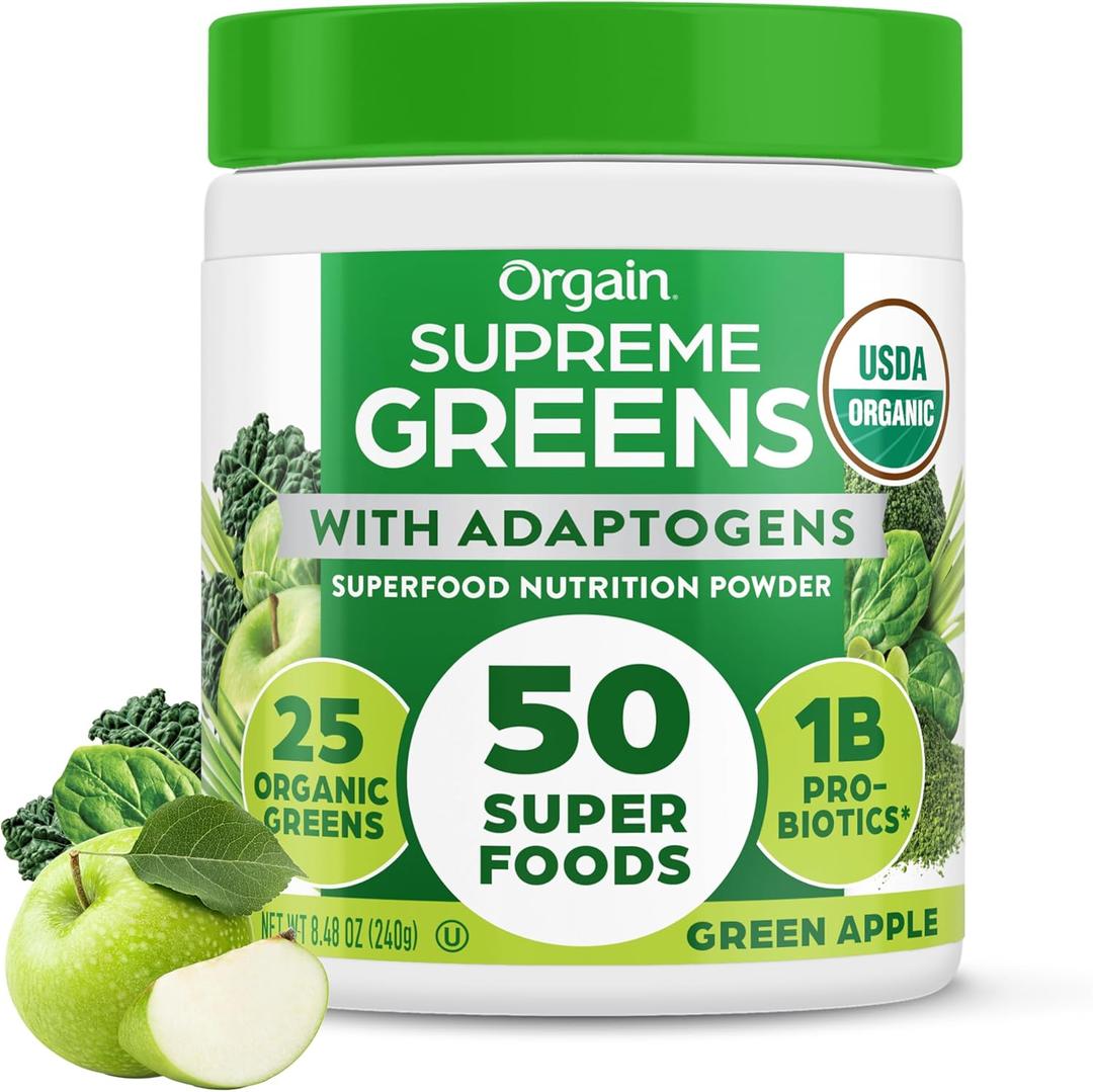 Orgain Supreme Greens Powder with 25 Organic Greens, 50 Superfoods, 1 Billion Probiotics, and Adaptogens, Vegan Greens for Gut Health and Immune Support, 1.5 Servings of Fruit and Veggies, Green Apple (EXP 05/13/26)