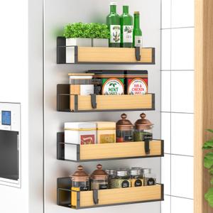 4 Pack Magnetic Spice Storage Rack Organizer for Refrigerator and Oven, Wood Fridge Organizers and Storage