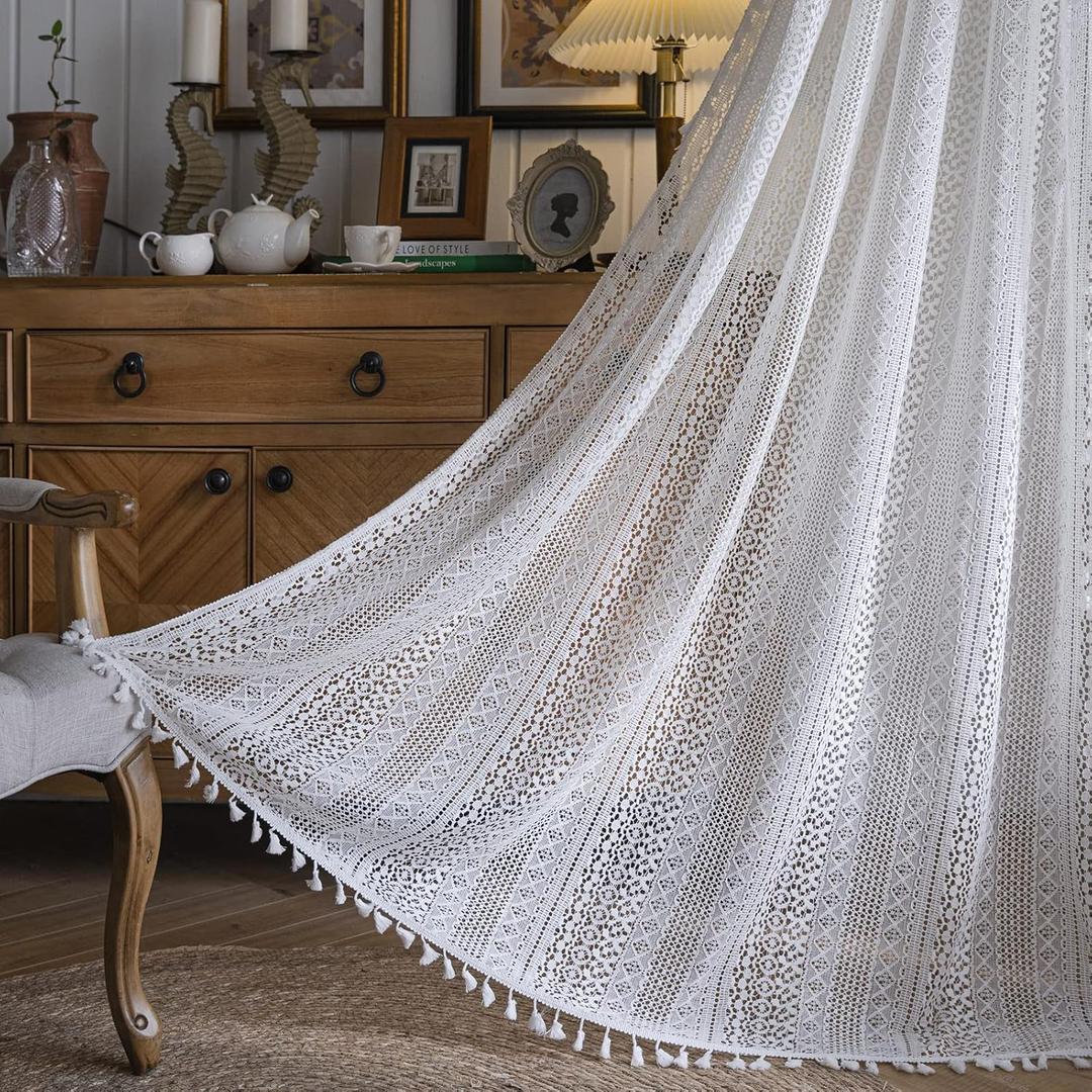 Sutuo Home Cream White Crochet Boho Curtain 84 Inches Length, Sheer Lace Handmade Tassels Knitted Window Treatment Vintage Rustic Bohemian Farmhouse Drape for Bedroom Rod Pocket 1 Panel 59" W x 84" L