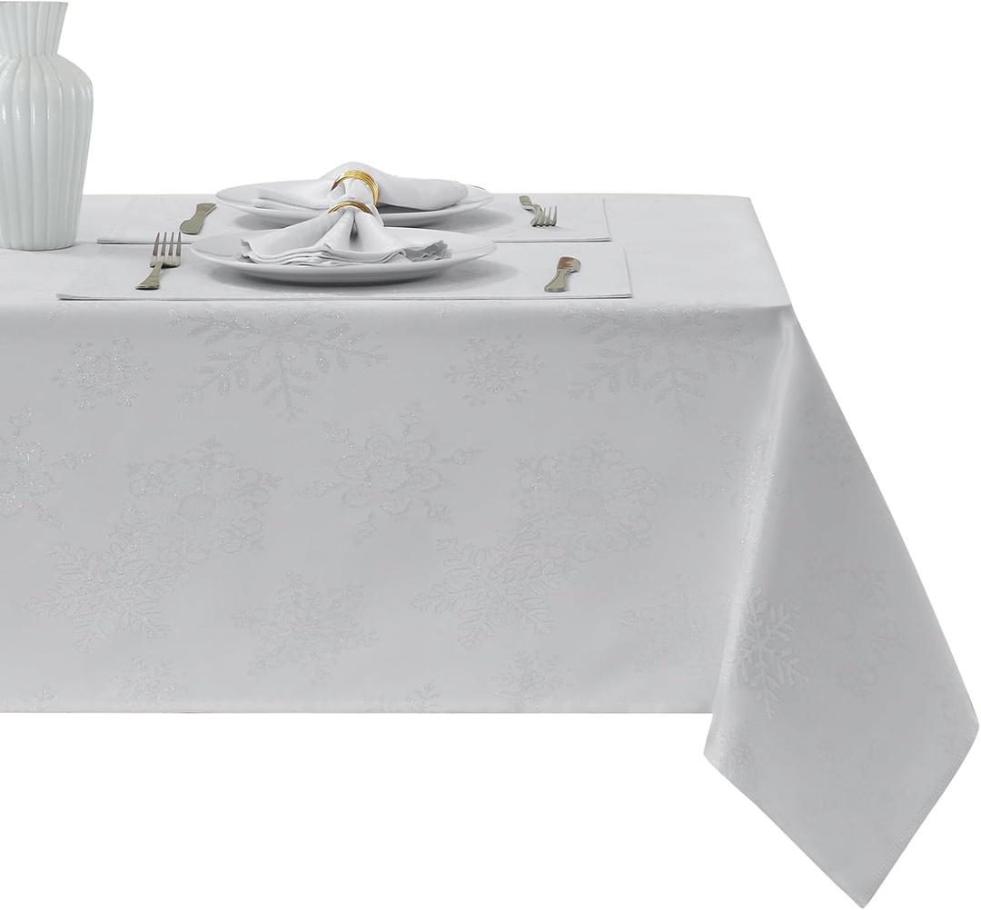 Rectangle Fancy Metallic Sparkling Snowflake Christmas Fabric Table Cloth red Hunter Gold Navy White Silver No-Iron Soil Resistant Woven Holiday Table Cover(White Silver/60x84Inch)