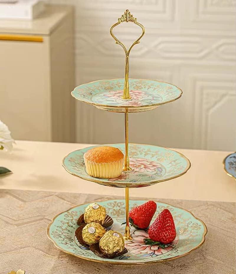 CHANJOON 3 Tier Ceramic Vintage Cake Stand with Beautiful Classic Rose Pattern, Food Rack for Displaying Cake Platter (Green)
