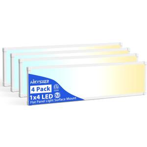 AIKVSXER 4 Pack 1x4 LED Flat Panel Light  6500LM Ultra-Bright, Dimmable 30-50W, 3000K-6500K Adjustable, 0-10V Dimming, Slim Surface Mount Ceiling Light for Office, Home, Garage  White