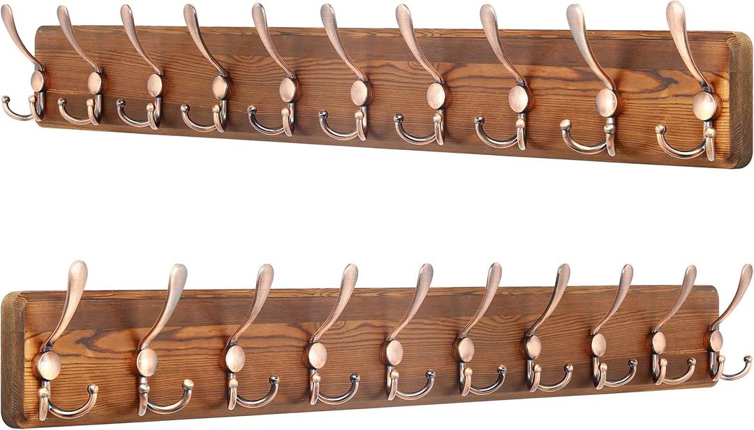 SKOLOO Coat Rack Wall Mounted - 38.3'' Long, Pack of 2, Wooden, Heavy Duty, Rustic Coat Hooks for Wall, Wall Coat Rack with 10 Triple Hooks for Hanging Clothes, Jacket, Hat(Brown & Retro Red)
