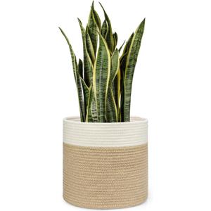Dahey Jute Spliced Cotton Rope Plant Basket Modern Woven Storage Basket for 12" Floor Indoor Planter, Decorative Flower Pots Cover Laundry Bin with Handle Rustic Home Decor, White and Beige