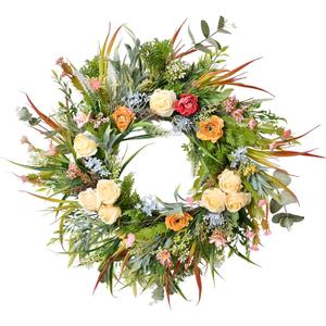 Beinhome 20in Spring Wreath for Front Door - Yellow Rose Lavender Decorated with Small Red Peonies, Blue Hydrangeas and Fruits - Summer Decor for Window, Home, Kitchen Wall