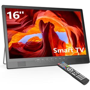 Desobry 16 Inch Small Smart TV, LCD Small Kitchen TV with WiFi, Bulit-in 180Adjustable Stand/ATSC Tuner/HDMI/AV/USB for Camping, Bedroom, RV, Patio, Indoor & Outdoor Use