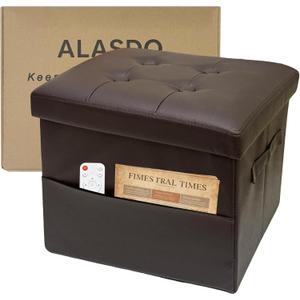 ALASDO Storage Ottoman Footrest Stool Small Ottoman with Storage Foldable Ottomans Foot Rest Footstool Bench for Living Room 17x13x13inches Brown
