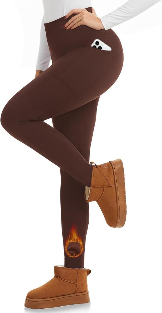 iaoja Fleece Lined Leggings Women with Pockets - Thermal High Waist Tummy Control Yoga Pants Winter Workout Running Pants (Large-X-Large, Brown)