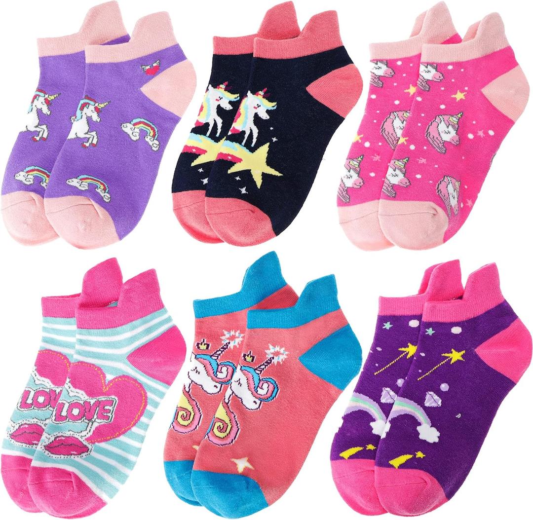 Anlisim Kids Girls Toddler Unicorn Ankle No Show Socks Fashion Novelty Cotton Silly Socks 6 Pairs (5-8 Years)