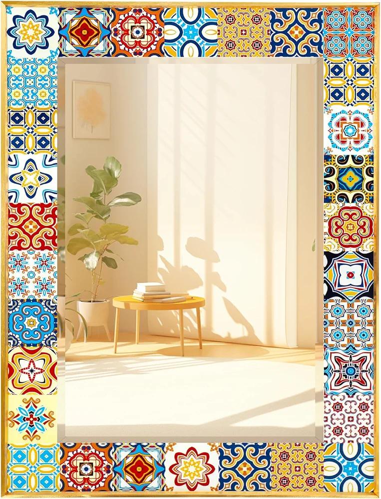 Mosaic Mirror 24x32 inch Mexican Talavera Mirror, Aluminum Frame Bathroom Mirror for Wall, Moroccan Spanish Mediterranean Mirror for Entryway, Bathroom, Vanity, Living Room