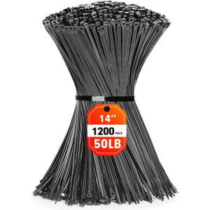Zip Ties, RAZCC 1200pcs Black Cable Zip Ties 14 Inch, Heavy Duty Plastic Wire Ties with 50lb Tensile Strength, Self-Locking Black Nylon Tie Wraps for Indoor and Outdoor (Wideth 0.18")