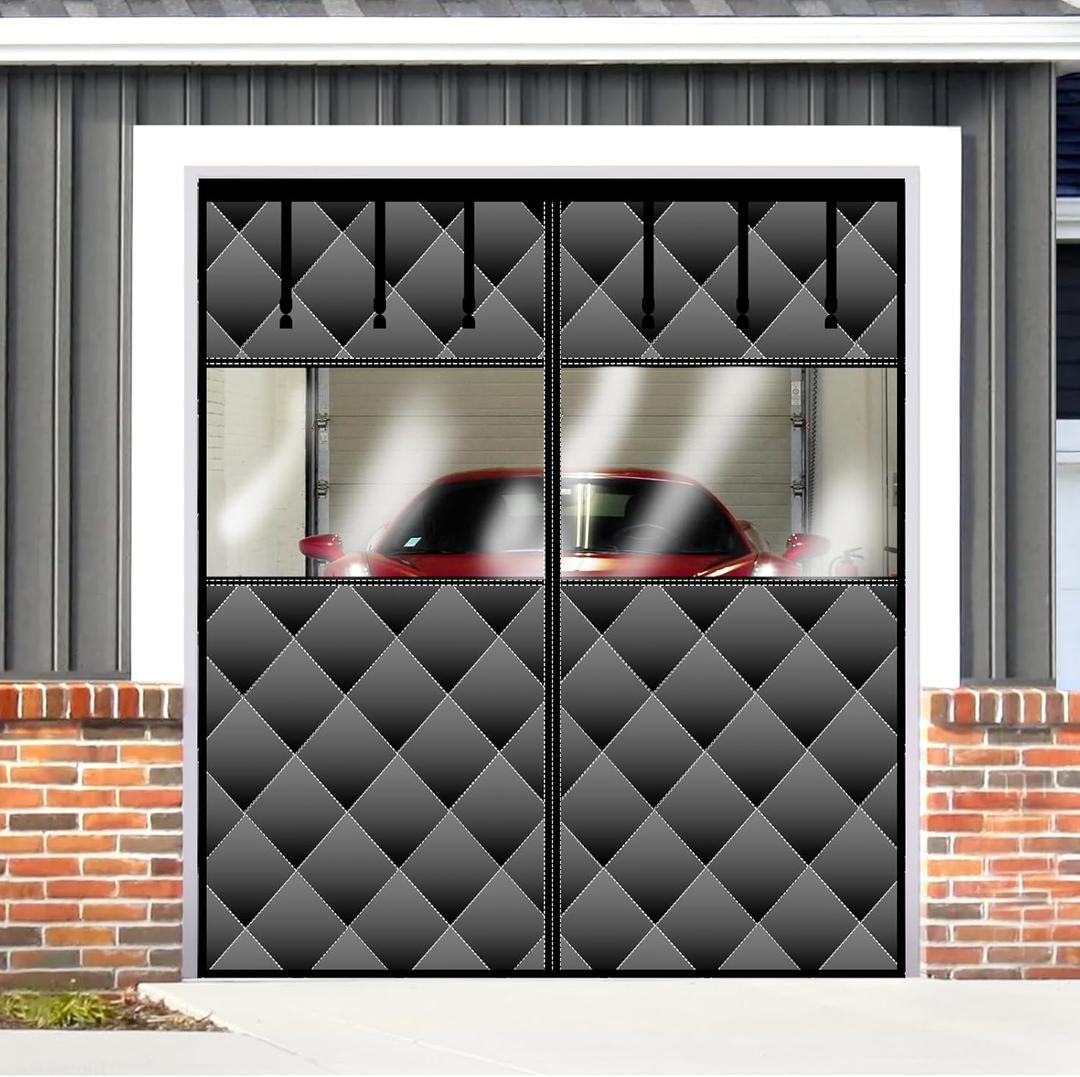 Magnetic Thermal Insulated Door Curtain with Visible Windows, Thicken Polyester Fiberfill & Durable Oxford Fabric, Hands Free Windproof Door Screen for 1 Car Garage Doors 9x7FT, Black