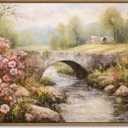 Gardenia Art Framed Country Landscape Wall Art Prints Mountain Bridge River with Blooming Flowers Wall Pictures Spring Scene Canvas Painting Nature View Artwork for Farmhouse Bedroom Home Office Decor (16"L x 12"W)