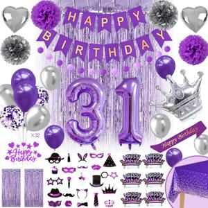 Fancypartyshop 31st Birthday Decorations, Purple Happy Birthday Banner and Number 31 Balloons, Hanging Swirls Pom Poms Tablecloth Photo Props and more Ideal for 31st Birthday party