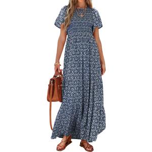 PRETTYGARDEN Women's 2026 Summer Casual Flutter Short Sleeve Boho Floral Maxi Dress Crew Neck Smocked Tiered Long Dresses L