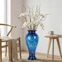 20" Tall Teal Glass Vases,Large Hand Blown Sea Glass Flowers Vase for Floor,Jarrones Grandes para Sala Elegantes, Pretty Modern Ocean Blue Flowers Vases for Living Room Wedding Decor