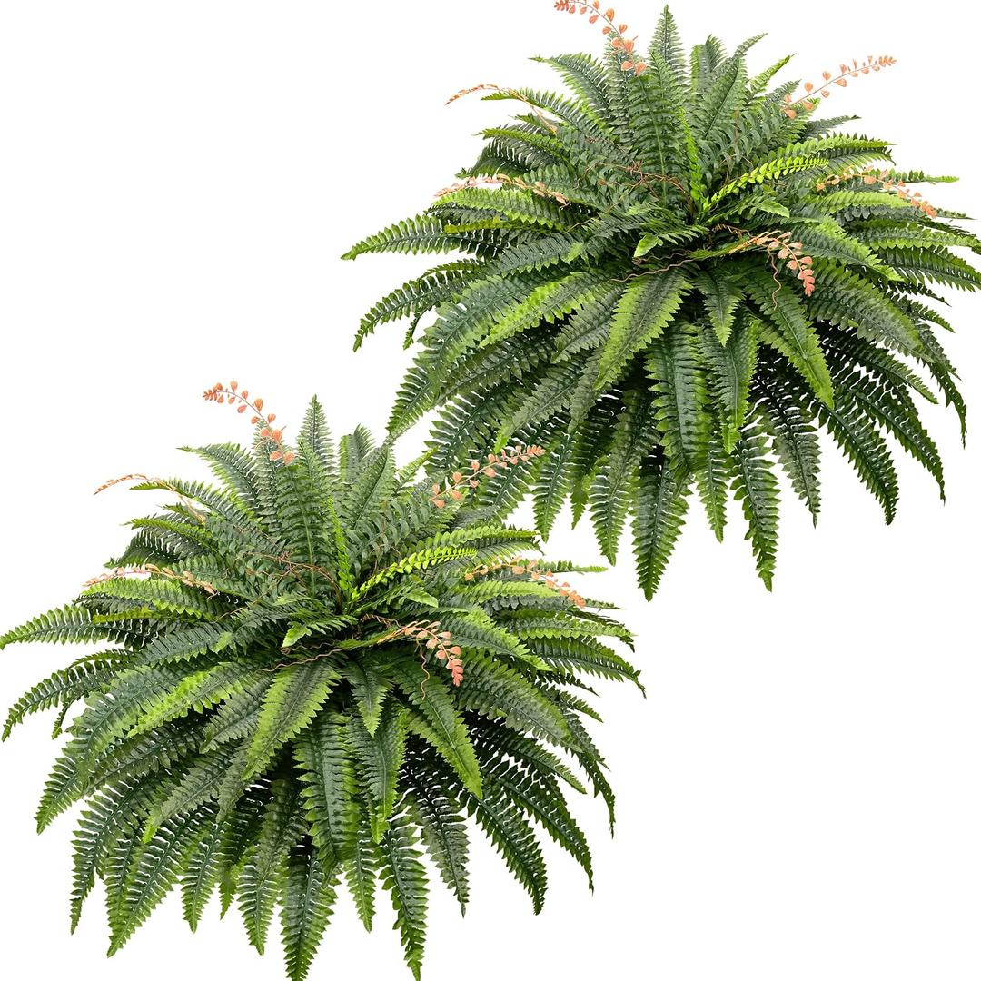 CQURE 108 Branches Fake Ferns Artificial Plants Large, 50" Set of 2 Artificial Boston Ferns Faux Hanging Fake Plants for Outdoors Planter Home Garden Decor