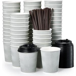 MUCHII 8 oz Disposable Coffee Cups, Paper Coffee Cups With Lids & Straws,  Insulated Ripple To Go Coffee Cups 8 oz for Tea, Hot Chocolate and Drinks (Silver grey)