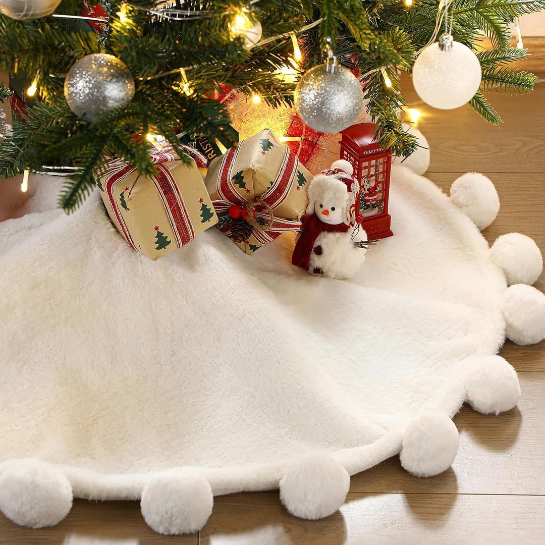 Halloscume 36 Inch Faux Fur Christmas Tree Skirt White Plush Tree Skirt with Pom-pom White Christmas Decorations for Xmas Home Indoor Outdoor Decor Holiday Party Supplie