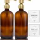 Vine Creations Amber Glass Soap Dispenser, 2 Pack Kitchen Soap Dispenser Set with Stainless Steel Pump, 16 oz Hand Soap and Dish Soap Dispensers for Kitchen or Bathroom with Waterproof Labels