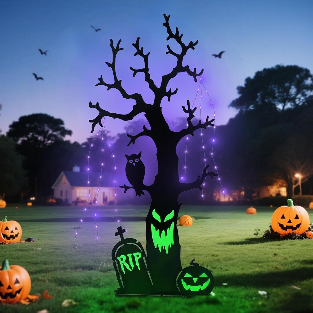 Solar Halloween Yard Decorations, 43 Inch Outdoor LED Solar Powered Haunted Tree Stakes Halloween Outdoor Decorations, Metal Spooky Tree Garden Stakes Lawn Yard Ornament