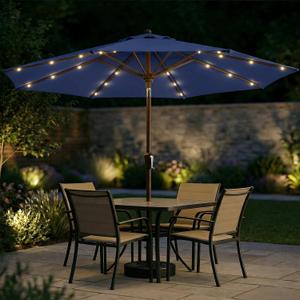 11FT Solar Patio Umbrella with Lights, Outdoor Table Market Umbrella with 32 LED Lights, 8 Sturdy Ribs, Smooth Crank Lift for Pool, Deck and Garden, UV-Resistant