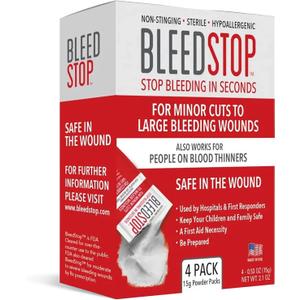 BleedStop First Aid Powder for Blood Clotting, Trauma Kit, Blood Thinner Patients, Camping Safety, and Survival Equipment for Moderate to Severe Bleeding Wounds or Nosebleeds - 4 (15g) Pouches