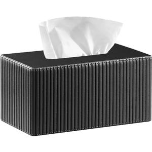 Fanousy Large Tissue Box Cover Rectangular with Bottom Belt, Fits 230-Count Kleenex, Modern PU Leather Facial Tissue Dispenser Holder for Bathroom Vanity, Nightstand, Bedroom, Office, Home Decor (Plus, Black)