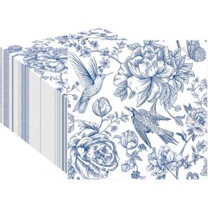 100Pcs Blue Floral Cocktail Napkins Disposable Flower Beverage Paper Napkins 3-Ply Blue Flower Luncheon Dinner Napkins for Wedding Birthday Party Supplies, 5 x 5 Inch