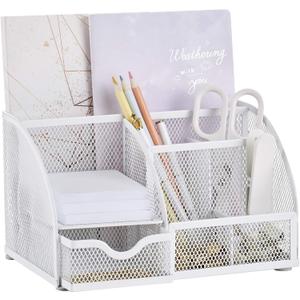 Annova Mesh Desk Organizer Office with 7 Compartments + Drawer/Desk Tidy Candy/Pen Holder/Multifunctional Organizer (White)