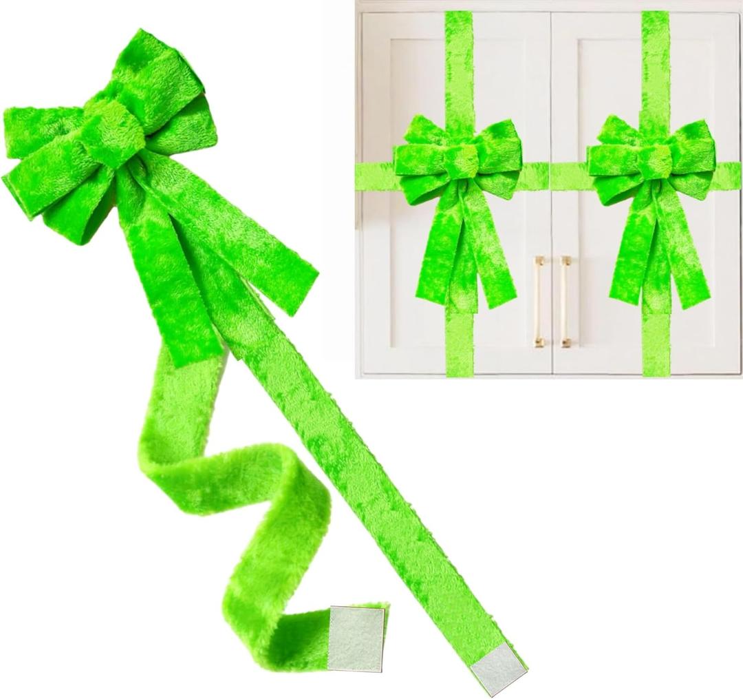 Christmas Cabinet Bows, Green Furry Ribbons, Holiday Door Decorations, Xmas Party Supplies (4, Green Fur)
