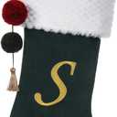19.5 inches Personalized Velvet Christmas Stocking,Initials Embroidered Letter Christmas Stocking with pom poms, for Fireplace Hanging Decor and Xmas Gift(Green S)