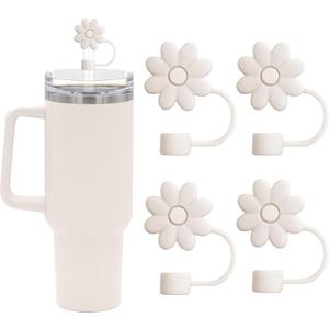 4 x Flower Straw Covers Toppers for Stanley Cups 30&40 Oz Tumbler with Handle Accessories 4PCS Silicone Straw Caps Reusable Straws Protectors for Stanley Cup 10mm 0.4in Straws (Off-White)